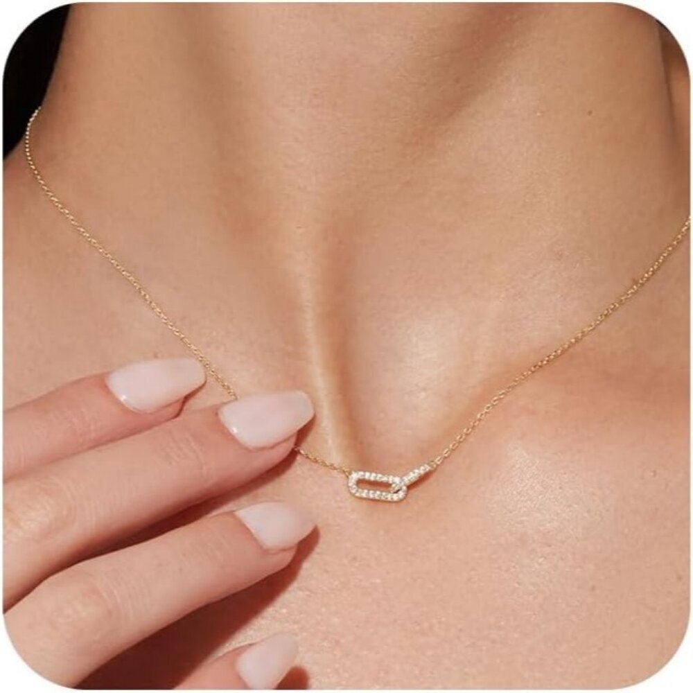 Women's Dainty Diamond Necklace Simple 14K Gold Plated Paperclip Choker